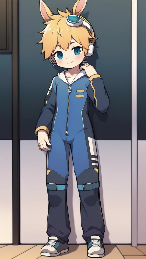 2D Boy Shota,One-piece mountaineering suit,Slim, healthy body,Put the headphones on your head,stand up,goggles,Rabbit ears,happy,Sailor collar,tie,Zipper pulled down,sports shoes