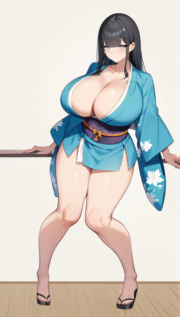  24-years-old, Huge breasts, soft, Long black hair, Straight bangs, Full body illustration of a blue-eyed girl, Japanese Kimono,Unbuttoned