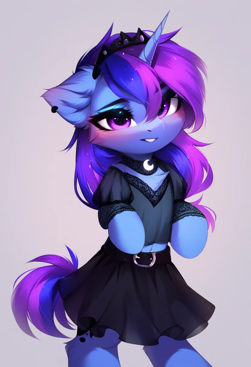check_9, check_8_up, check_7_up, source_fluffy, rating_safe, from Magnaluna, Luna poses seductively in a gothic bedroom, antro, blushing, blue body, purple mane, see through black skirt 