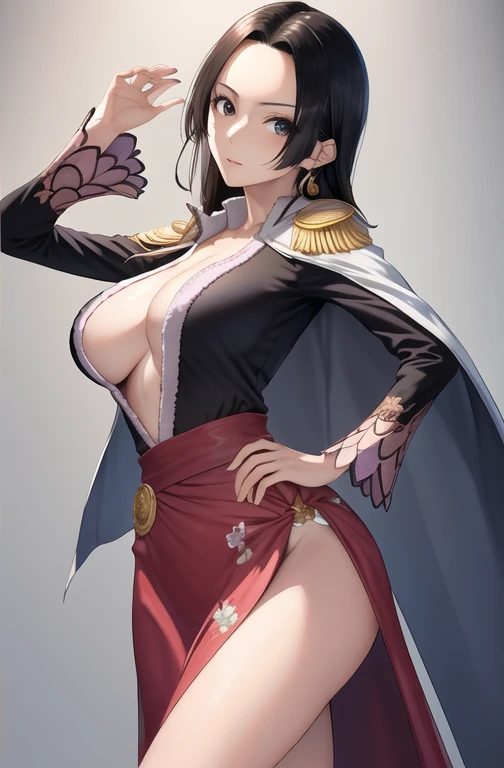 masterpiece, Highest quality, High resolution, Hancock 1, One girl, Boa Hancock, Large Breasts, Long Hair, Epaulettes, Cape, Side slits, Cowboy Shot, Are standing, View your viewers, Sexy pose, , Hands Behind Back, Perfect Fingers,(((Stretch your legs and rotate your hips)))、((Shiny下着、Accentuate your chest with your hands)))、Beautiful beauty、Long black hair、((whole body))、(((Photo taken from below、Accentuate your breasts)))、Large Breastini skirt、Panties are black lace、tall、Long limbs、hairstyle semi long、Big Breasts. (Highest quality, 4K, 8K, High resolution, masterpiece:1.2、Big Breasts),Shiny、Realistic photos 、Every detail is reproduced、Very detailed