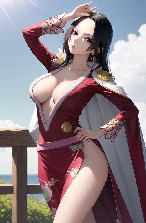 masterpiece, Highest quality, High resolution, Hancock 1, One girl, Boa Hancock, Large Breasts, Long Hair, Epaulettes, Cape, Side slits, Cowboy Shot, Are standing, View your viewers, Sexy pose, , Hands Behind Back, Perfect Fingers,(((Stretch your legs and rotate your hips)))、((Shiny下着、Accentuate your chest with your hands)))、Beautiful beauty、Long black hair、((whole body))、(((Photo taken from below、Accentuate your breasts)))、Large Breastini skirt、Panties are black lace、tall、Long limbs、hairstyle semi long、Big Breasts. (Highest quality, 4K, 8K, High resolution, masterpiece:1.2、Big Breasts),Shiny、Realistic photos 、Every detail is reproduced、Very detailed