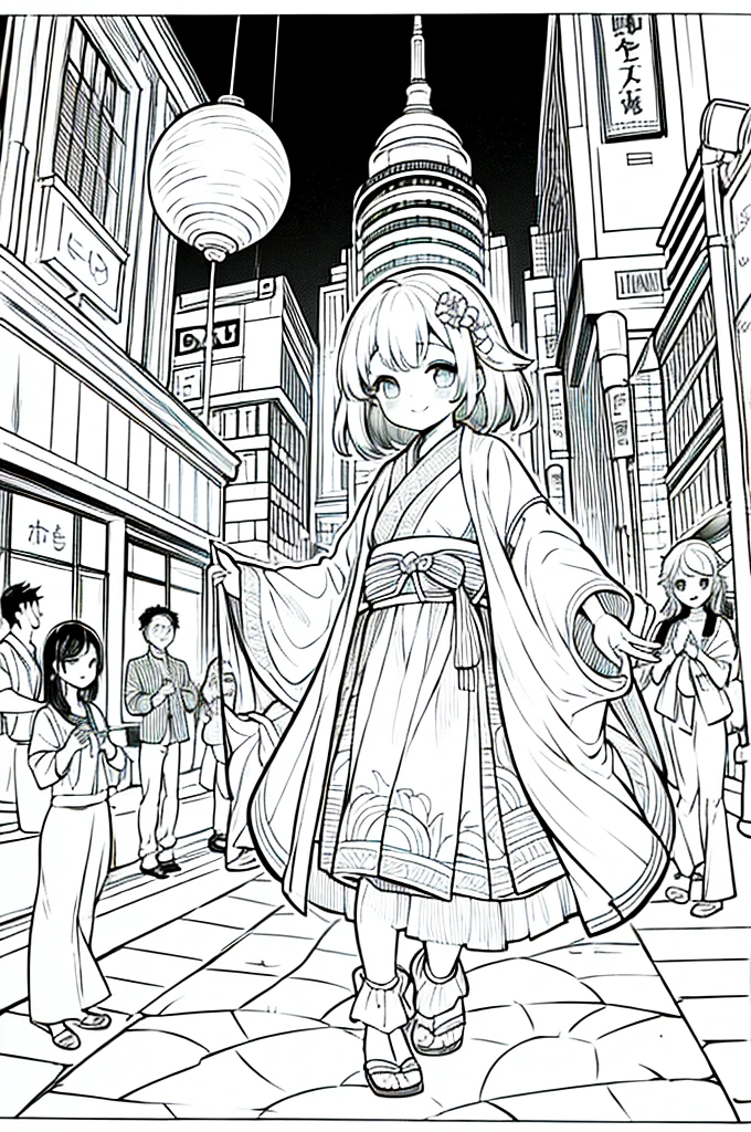 As a coloring book, the color should be black and white, the border should be simple, clear, and bold. A bubbly Asian girl with a contagious smile is enjoying a lively [matsuri festival] in the bustling streets of Tokyo. She is wearing a festive [kimono with goldfish pattern], the vibrant colors blending with the energy of the crowd. The girl's hands are clapping to the rhythm of the music, and her hair is adorned with a colorful [hair ornament]. The festival lanterns and street decorations provide a festive backdrop for the coloring book illustration.
