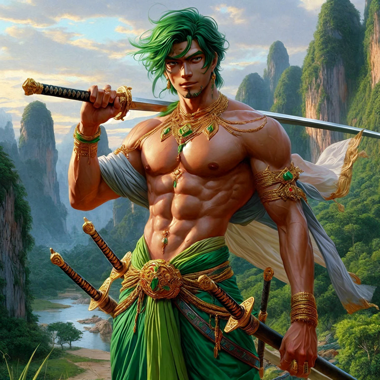 one piece zoro , Zoro's face , Fine gold jewelry , , ,realistically ,
