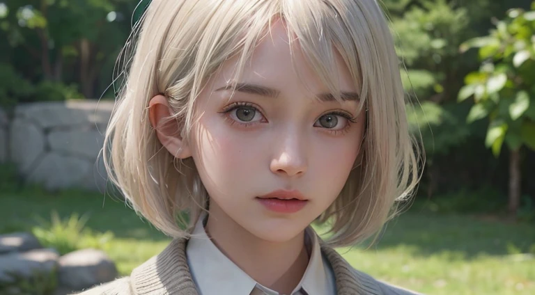 (Bob Cut Hair, Platinum Blonde Hair:1.2),(Wear a cardigan over a collared shirt:1.2),1 girl,Japanese,21 years old,(Small breasts:1.3),(Highest quality,masterpiece:1.3,超A high resolution,),(Ultra-detailed,Caustics),(Photorealistic:1.4,RAW shooting,)Ultra-Realistic Capture,Very detailed,High resolution 16K human skin close-up。 Natural skin texture、,Pores、、It needs to be detailed enough to be easily identifiable。 Skin should be even-toned and healthy looking。 Use natural light and colour, Sad expression, Looking at the camera, Perfect dynamic composition, Outdoor