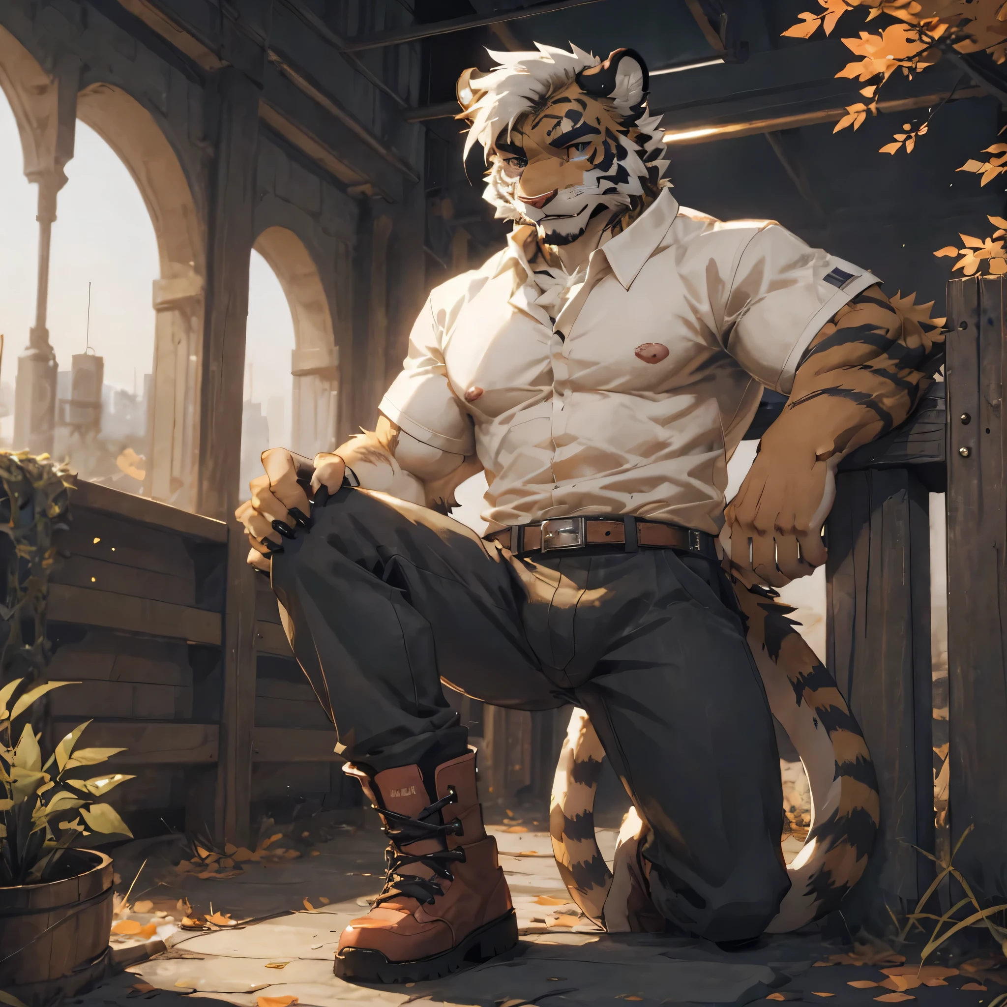 (Thick arms:1.2),(Thick legs:1.1),masterpiece, best quality, official art, Extremely detailed CG unified 8k wallpaper, Super detailed, Best Illustration,（Tiger Youth） , white fur, hairy male, , hairy, Two-tone fur, , colorful hair, male focus, single speaker, brown fur, bangs, white hair,, alone, Orange tail,hairy tail,(black pupils),High,in autumn,boots,(sexly),((High and strong)),side,(delicate eyes),Orange Eyes,male,alone,black pupils),(Detailed face),(sharp vision),Permanently installed,blush,(Detailed hands),(foot details),aldult,type,Moderate,long legs,(Detailed fingers),(delicate eyes),(brown coat),(White T-shirt),(black pants),easy,(muscle),tie,（Hook eight）