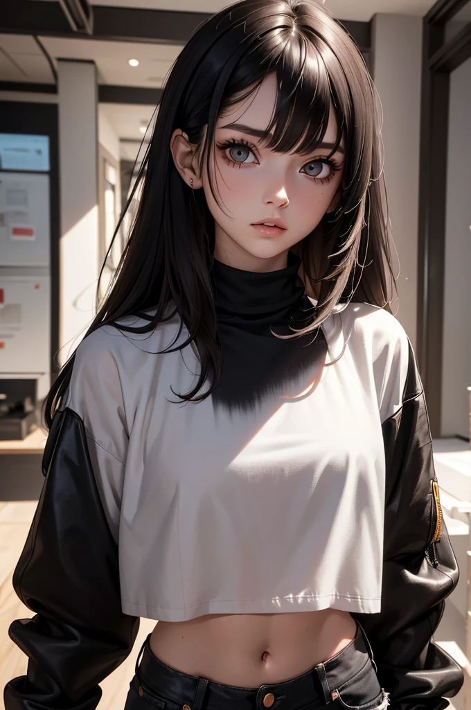 a girl with a full black robotic body, featuring sleek and high-tech components. She has short black hair, blue eyes, and an angry expression. She wears a robot mask that partially covers her face, blending seamlessly with her polished mechanical limbs and torso. The subtle lights and mechanical joints of her body enhance the contrast between her human-like features and her robotic form. close up
