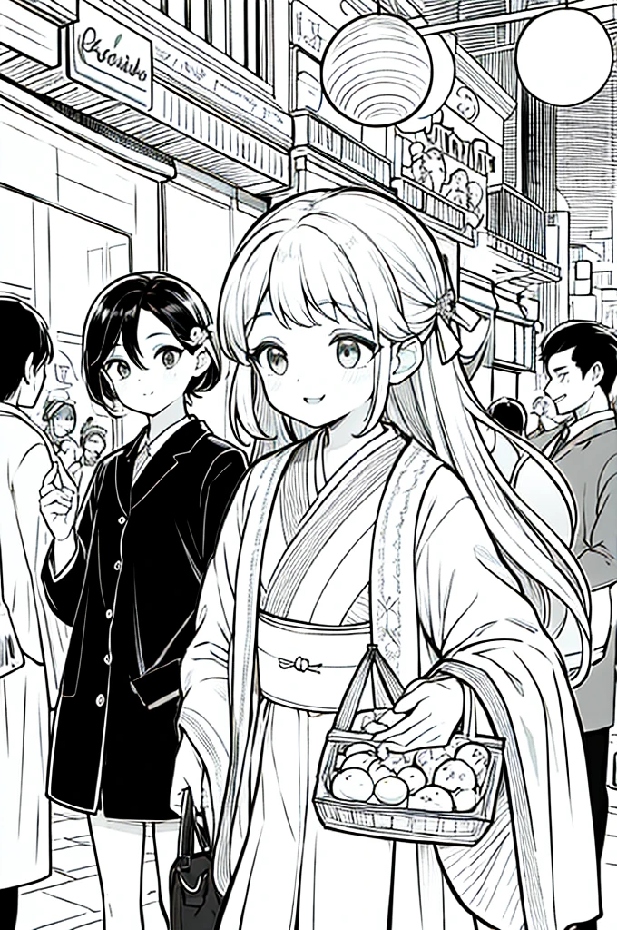 As a coloring book, the color should be black and white, the border should be simple, clear, and bold. A bubbly Asian girl with a contagious smile is enjoying a lively [matsuri festival] in the bustling streets of Tokyo. She is wearing a festive [kimono with goldfish pattern], the vibrant colors blending with the energy of the crowd. The girl's hands are clapping to the rhythm of the music, and her hair is adorned with a colorful [hair ornament]. The festival lanterns and street decorations provide a festive backdrop for the coloring book illustration.
