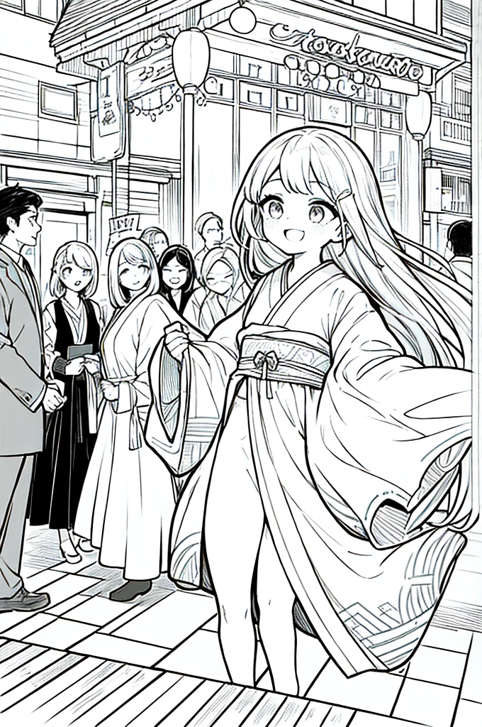 As a coloring book, the color should be black and white, the border should be simple, clear, and bold. A bubbly Asian girl with a contagious smile is enjoying a lively [matsuri festival] in the bustling streets of Tokyo. She is wearing a festive [kimono with goldfish pattern], the vibrant colors blending with the energy of the crowd. The girl's hands are clapping to the rhythm of the music, and her hair is adorned with a colorful [hair ornament]. The festival lanterns and street decorations provide a festive backdrop for the coloring book illustration.
