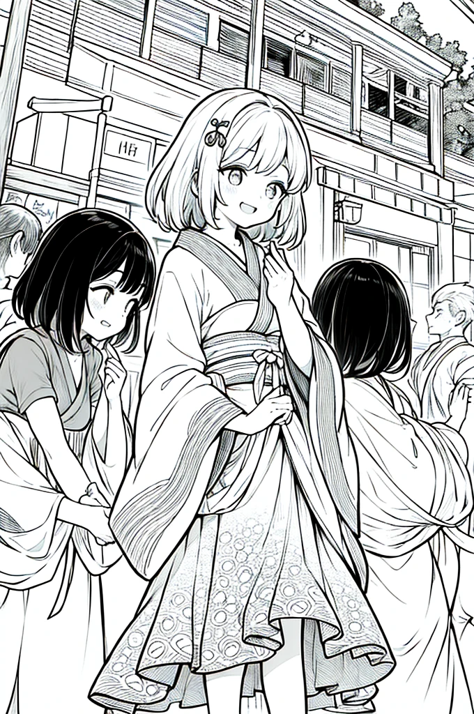 ((Japanese manga/comic style)). (Black and white illustration, grayscale). Scene: Living room. Friends are gathered together and secretly preparing a surprise birthday party.ロ,
