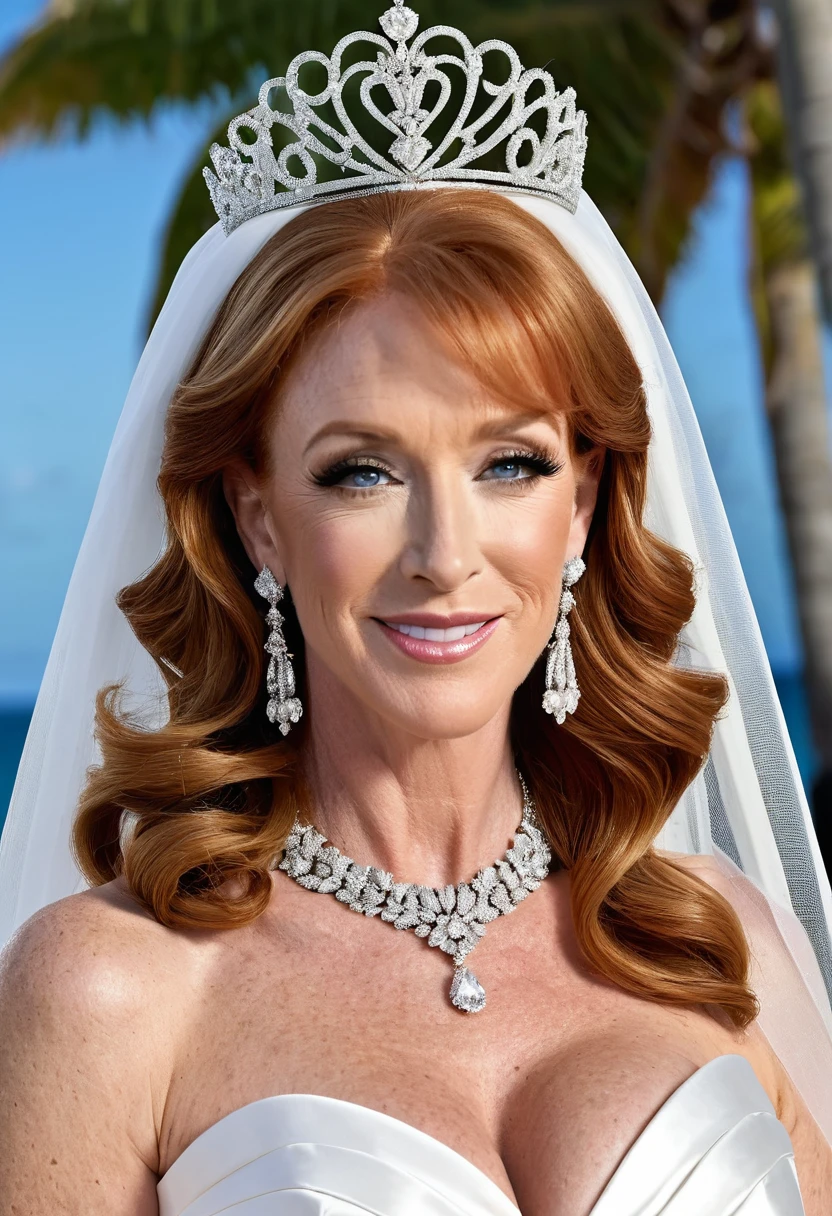 kathy griffin modeling at a beach resort setting, adorned in a form fitting satin a line wedding dress Crowning her head is a tiara and a veil while diamond earrings and necklace sparkle in contrast with the white satin of her elbow-length opera gloves, realistic, 4k, hd, detailed, perfect anatomy, perfect hands, perfect face