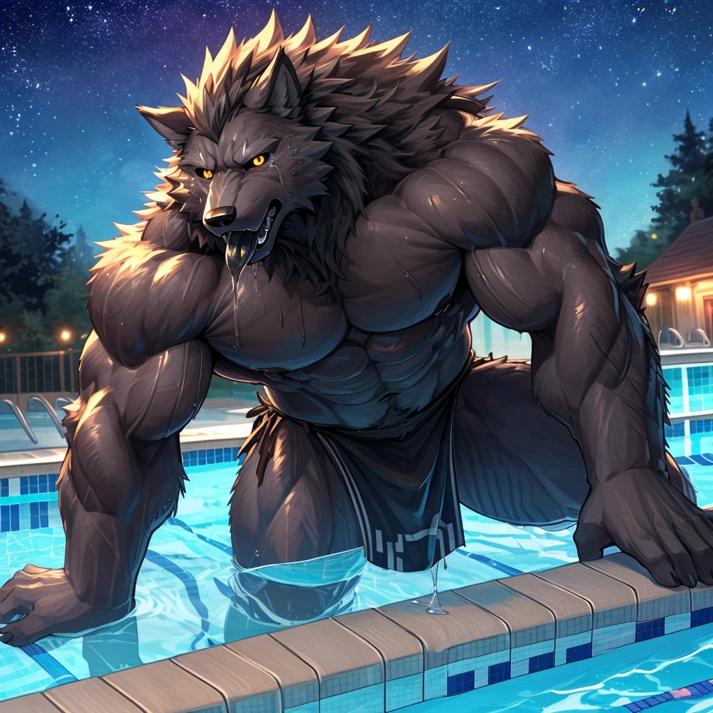 (Highest quality:1.2), (masterpiece:1.2), anime, ultra detailed
, Shaggy male black wolf, Black Wolf, great physique,Strong arms, manly, A bodybuilder with blood vessels running throughout his body
,((Pure sweat permeates the wolf's muscular body.)), (Excessive sweating:1.5), ((Sweat all over the body))
, Look up to the sky, Black loincloth
, Fine grain, (ultra detailed eyes:1.4), black sclera, yellow iris
, black tongue, A large amount of saliva, Tears dripping
, Big cock
,From null-ghost, (Poolside:1.5), The background is a forest, The lost city lights, end:night、in the starry sky