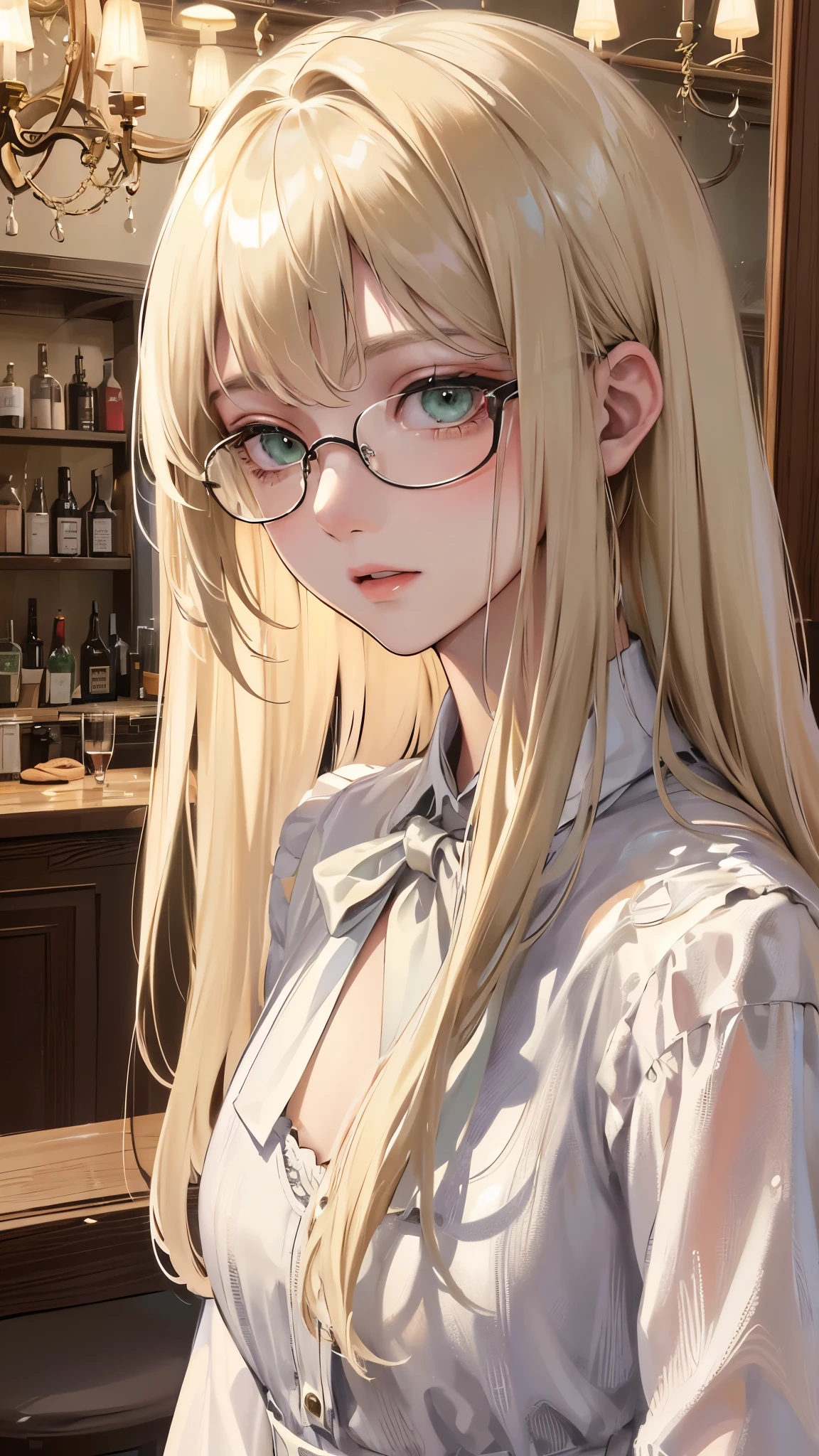 (Top resolution、Distinct_image)top-quality、female 、masterpiece、highly detailed、Semi-realistic、green eyes 、18year old、young、cool clothing、Exquisite facial features、Facial features ,variations, potrait, a bar background, platinum blonde hair , long straight hairstyles, white blouse, cute, shy girl, wear glasses