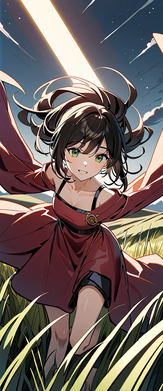 Photo of a woman with natural skin, grassland, Cowboy Shot, Dynamic pose, Smiling, High Twintails, Black hair with red mesh, Sharp eyes with red eyeshadow, Shining eyes, A thin, upturned nose, Well-shaped lips, ((Black off-the-shoulder dress, Thin shoulder straps)), barefoot, Makeup, Exquisitely crafted with the utmost attention to detail, Vibrant, amazing, Smooth, Cinematic, 4K, Backlight, ((綺麗な星空が見える広いgrassland)), Shallow depth of field, ((Detailed eyes:1.3, Detailed lips:1.3, high quality, )), masterpiece, Super detailed images, High quality