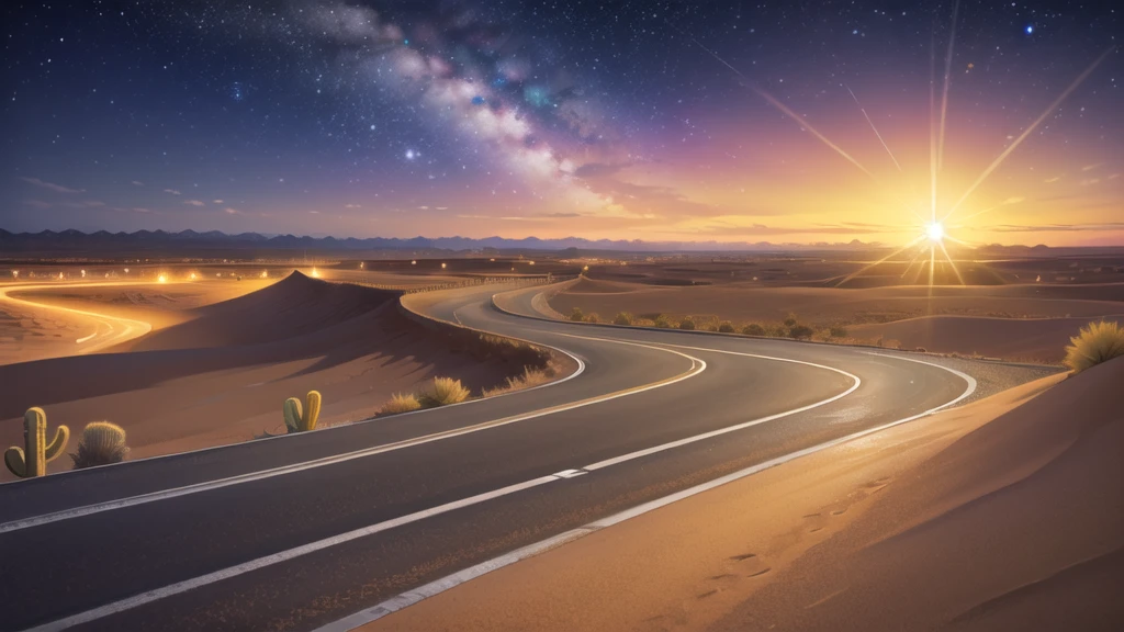 (desert :1.2),road ,(รถวิ่งบนroad:1.2) landscape:1.5 ,(Many cars:1.2) ,nighttime