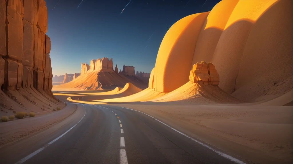 (desert :1.2),road ,(รถวิ่งบนroad:1.2) landscape:1.5 ,(Many cars:1.2) ,nighttime