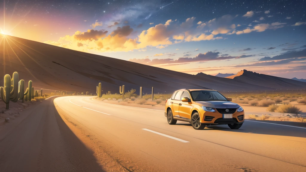(desert :1.2),road ,(รถวิ่งบนroad:1.2) landscape:1.5 ,(Many cars:1.2) ,nighttime
