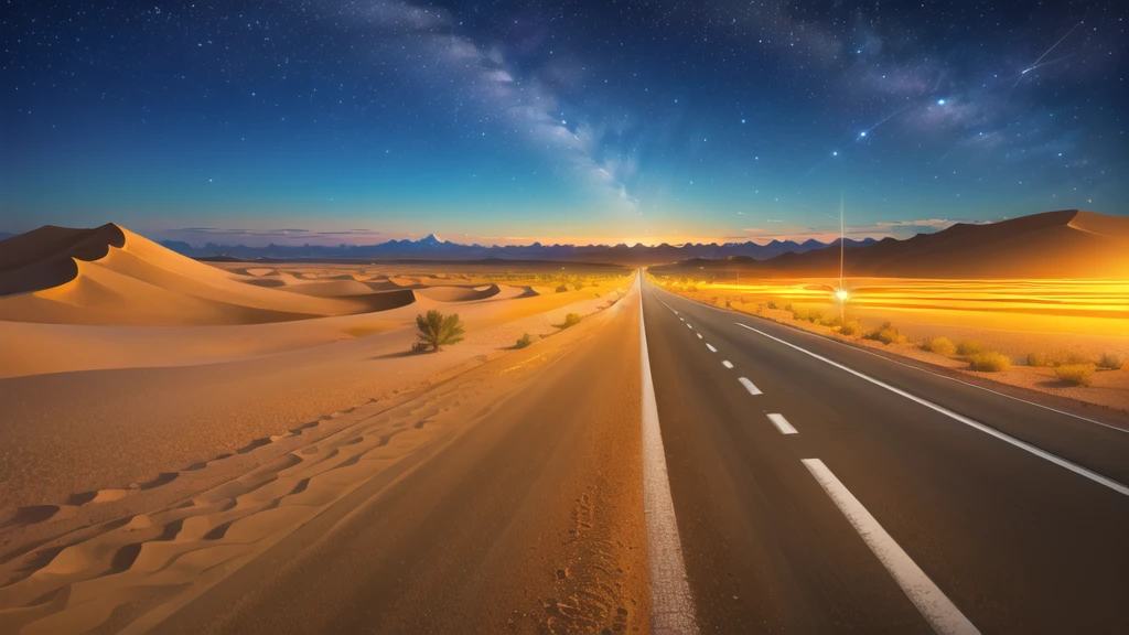 (desert :1.2),road ,(รถวิ่งบนroad:1.2) landscape:1.5 ,(Many cars:1.2) ,nighttime