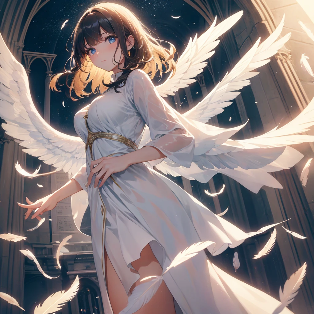 best qualtiy, tmasterpiece, 超高分辨率, realisticlying,1 female,White high ponytail,(Fairy clothes set),Sword dance,An arrogant face,Immortal Palace,angel wing,full body pov,wide angles