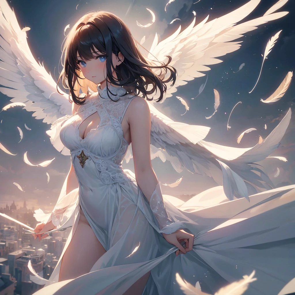 Gorgeous adult woman, Medium Hair, bangs, Perfect Eyes, Soft Light, high quality, 4K resolution, ((Angel)), An Angel with wings on his back, an Angel descending from the sky, Feathers scattered in the background, Light shining from above, At the Cathedral