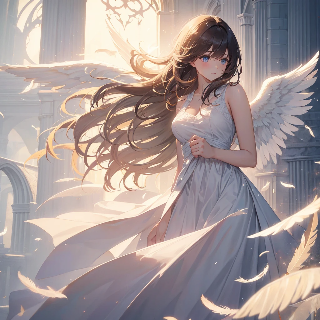 Gorgeous adult woman, Medium Hair, bangs, Perfect Eyes, Soft Light, high quality, 4K resolution, ((Angel)), An Angel with wings on his back, an Angel descending from the sky, Feathers scattered in the background, Light shining from above, At the Cathedral