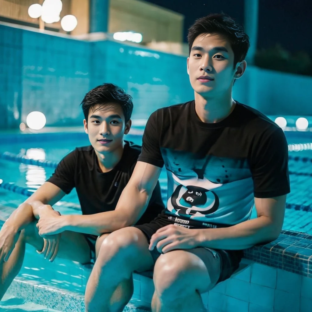 独奏:1.3 ,Korean man, Inspiration from Peng Yuyan,  23 years old, Cute Korean Face, 35 yo, 33 year old Korean muscular man，Sitting near the swimming pool, black t-shirt, night light view, half moon, Blue lights under the swimming pool, lantern light,