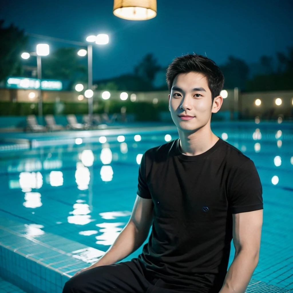独奏:1.3 ,Korean man, Inspiration from Peng Yuyan, 23 years old, Cute Korean Face, 35 yo, 33 year old Korean muscular man,Sitting near the swimming pool, black t-shirt, night light view, half moon, Blue lights under the swimming pool, lantern light,