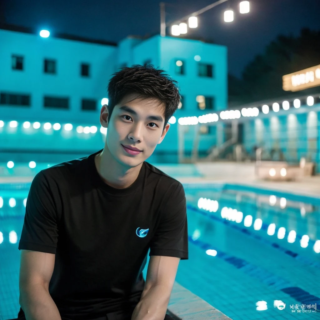 独奏:1.3 ,Korean man, Inspiration from Peng Yuyan,  23 years old, Cute Korean Face, 35 yo, 33 year old Korean muscular man，Sitting near the swimming pool, black t-shirt, night light view, half moon, Blue lights under the swimming pool, lantern light,