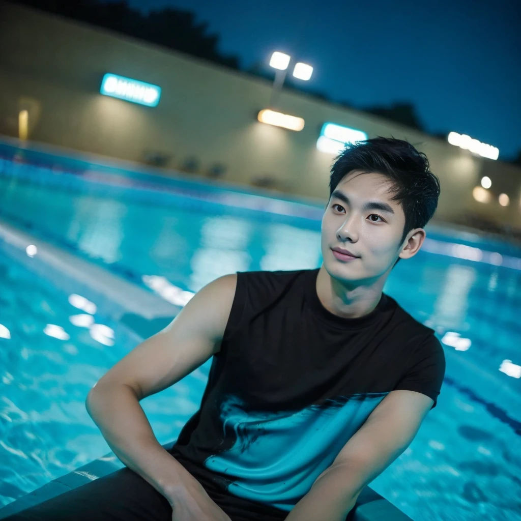 独奏:1.3 ,Korean man, Inspiration from Peng Yuyan, 23 years old, Cute Korean Face, 35 yo, 33 year old Korean muscular man,Sitting near the swimming pool, black t-shirt, night light view, half moon, Blue lights under the swimming pool, lantern light,