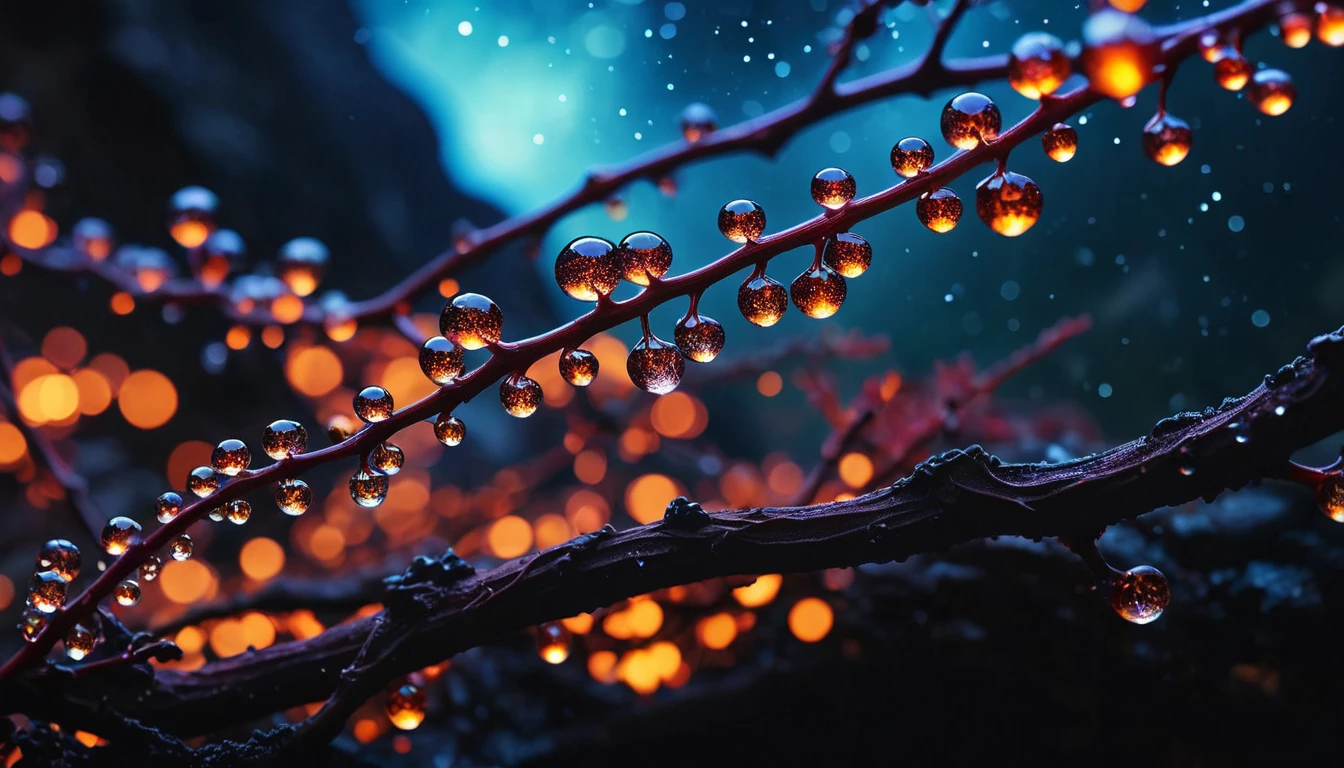 cinematic photo macro photo, sparkling dewdrops cling to a magical fantasy glass vine that runs from a high branch at the top near us down into molten lava, galaxy fantasy colors, [vertical orientation], open center area made of old paper. . 35mm photograph, film, bokeh, professional, 4k, highly detailed