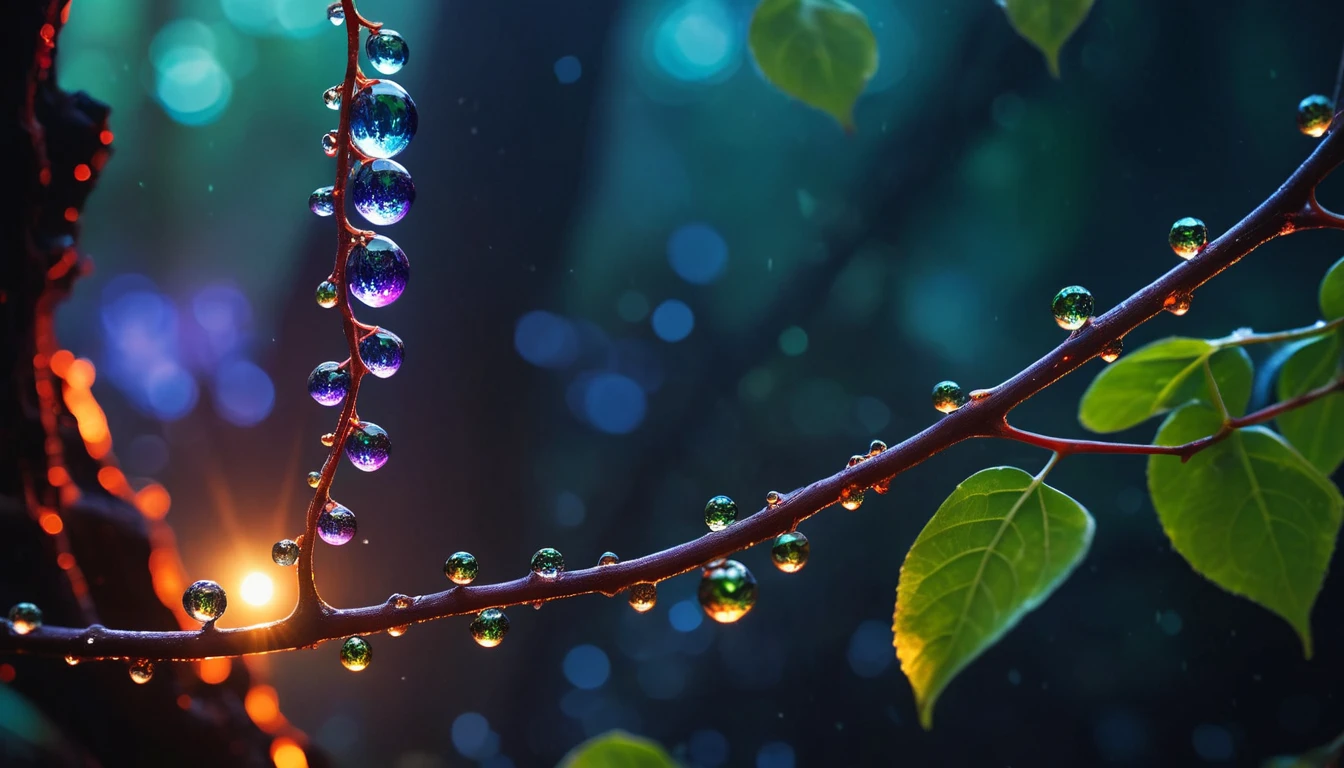 cinematic photo macro photo, sparkling dewdrops cling to a magical fantasy glass vine that runs from a high branch at the top near us down into molten lava, galaxy fantasy colors, [vertical orientation], open center area made of old paper. . 35mm photograph, film, bokeh, professional, 4k, highly detailed