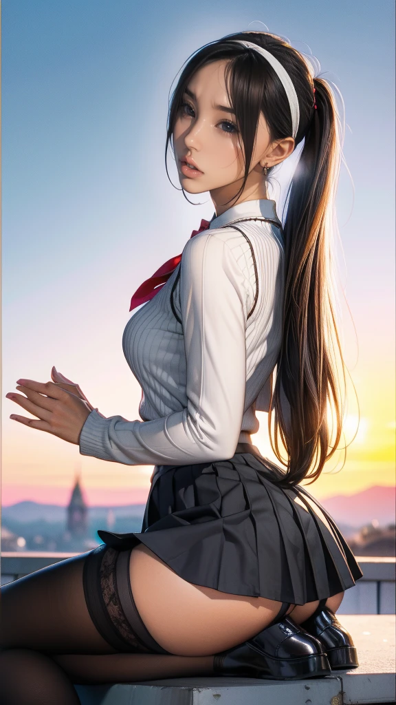 utaha cyql,1girl,looking at viewer,solo, (long hair,black hair,hairband,red eyes,school uniform,sweater vest,skirt,pleated skirt,pantyhose,black pantyhose,shoes,uwabaki,long legs,), Dopey, Wide-eyed, slack-jawed, and with a goofy expression.,upper_body,beautiful face,beautiful eyes,glossy skin,shiny skin, British castle, Afternoon visit, Castle tour, History, Grandeur,beautiful detailed sky,beautiful detailed glow, posing in front of a colorful and dynamic background, masterpiece,best quality,beautiful and aesthetic,contrapposto,female focus,wallpaper,fashion,