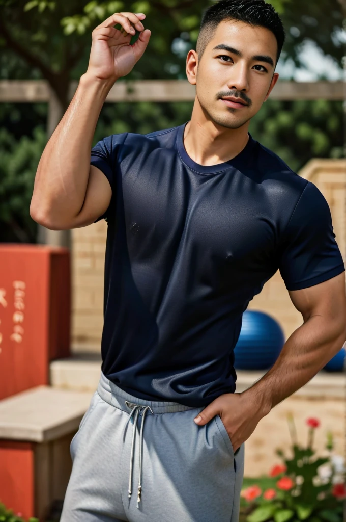 Masterpiece, best quality, high resolution, realistic, handsome, Take beautiful photos, Sayk, NRF, Photo of the 35 year old gym association (The man has a thin mustache.:1.2) Portrait, standing in the garden , make military media, weight, Amazing , Buzzcut short hair,stubble head , (Hyper Muscle),looking at the audience, Flirt with the camera, charming, (Tight navy blue workout shirt. ),(GS-Male:1), 8K,Bokeh,Portrait,look at the viewer,