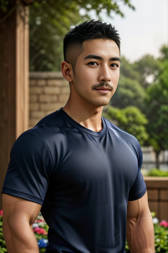 Masterpiece, best quality, high resolution, realistic, handsome, Take beautiful photos, Sayk, NRF, Photo of the 35 year old gym association (The man has a thin mustache.:1.2) Portrait, standing in the garden , make military media, weight, Amazing , Buzzcut short hair,stubble head , (Hyper Muscle),looking at the audience, Flirt with the camera, charming, (Tight navy blue workout shirt. ),(GS-Male:1), 8K,Bokeh,Portrait,look at the viewer,