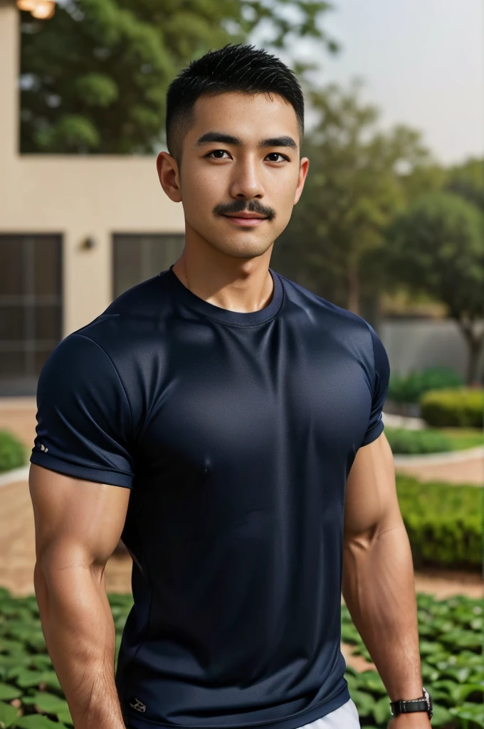 Masterpiece, best quality, high resolution, realistic, handsome, Take beautiful photos, Sayk, NRF, Photo of the 35 year old gym association (The man has a thin mustache.:1.2) Portrait, standing in the garden , make military media, weight, Amazing , Buzzcut short hair,stubble head , (Hyper Muscle),looking at the audience, Flirt with the camera, charming, (Tight navy blue workout shirt. ),(GS-Male:1), 8K,Bokeh,Portrait,look at the viewer,