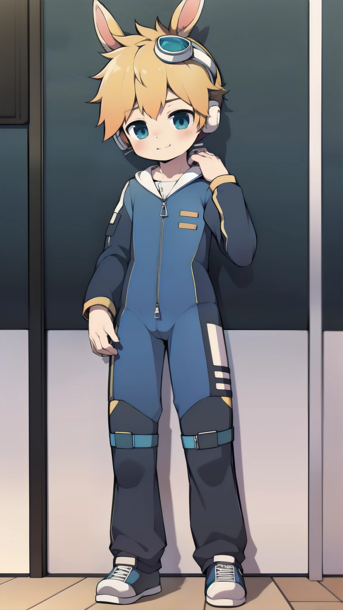 2D Boy Shota,One-piece mountaineering suit,Slim, healthy body,Put the headphones on your head,stand up,goggles,Rabbit ears,happy,Sailor collar,tie,Zipper pulled down,sports shoes