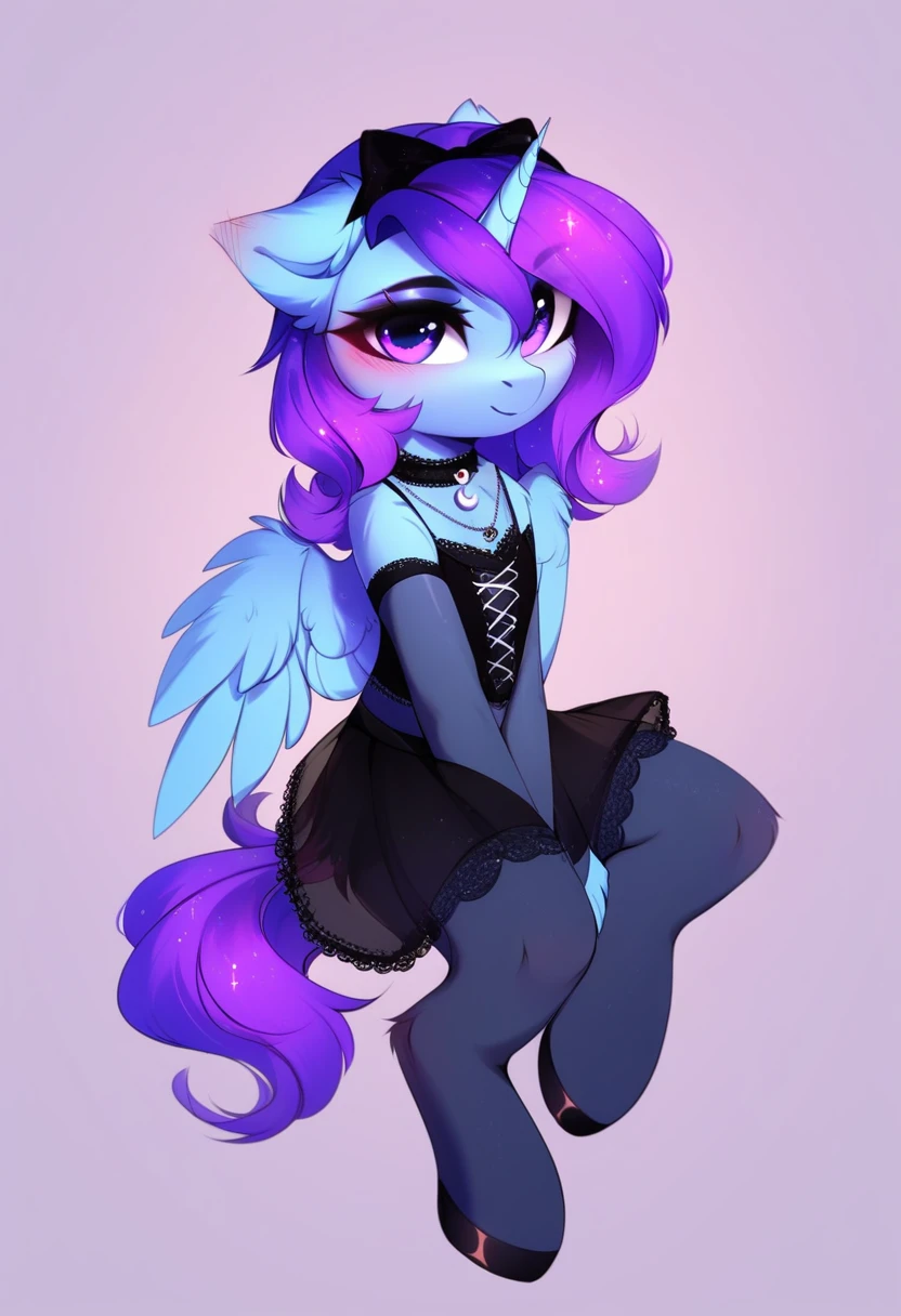 check_9, check_8_up, check_7_up, source_fluffy, rating_safe, from Magnaluna, Luna poses seductively in a gothic bedroom, antro, blushing, blue body, purple mane, see through black skirt