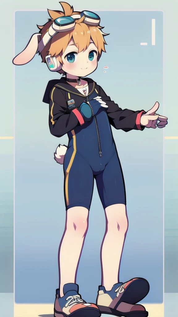2D Boy Shota,One-piece mountaineering suit,Slim, healthy body,Put the headphones on your head,stand up,goggles,Rabbit ears,happy,Sailor collar,tie,Zipper pulled down,sports shoes