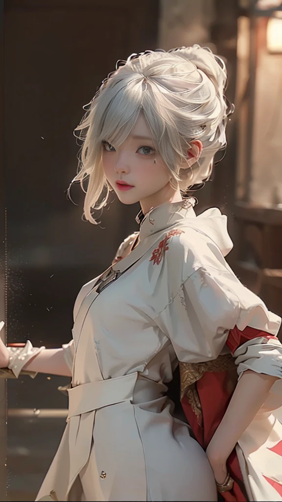 (Explicit content warning: nsfw), Masterpiece, Girl, On the battlefield, Light white short hair with a subtle messiness (1.2), Red eyes gleaming with intensity (1.2), Russian military uniform with intricate designs (1.2), Engaging with the viewers, making eye contact (1.2), Captured in 8K, highest quality (1.2), Super detailed, every line and texture clearly defined, 8K Ultra HD, (1.2), Soft lighting bathes her figure, creating a halo effect (1.2), High quality post-processing results in a film grain texture, emulating classic war films (1.2), Beautiful lighting enhances