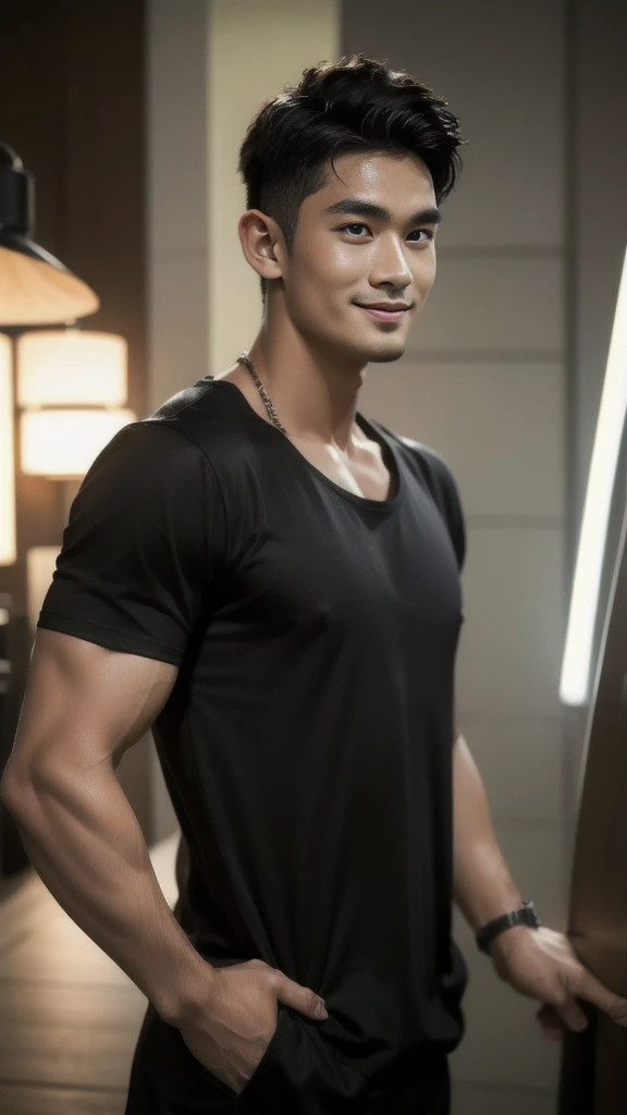 Thai man with buzz cut hairstyle, handsome, muscular, big muscles, broad shoulders, male model wearing a black t-shirt, standing and smiling.