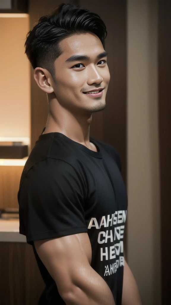 Thai man with buzz cut hairstyle, handsome, muscular, big muscles, broad shoulders, male model wearing a black t-shirt, standing and smiling.