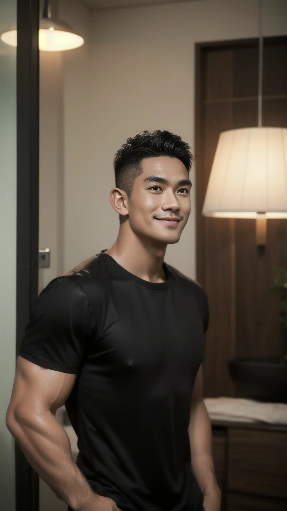 Thai man with buzz cut hairstyle, handsome, muscular, big muscles, broad shoulders, male model wearing a black t-shirt, standing and smiling.