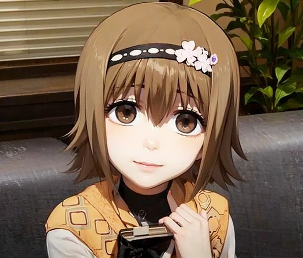 girl with short brown hair and gentle smile and brown hair