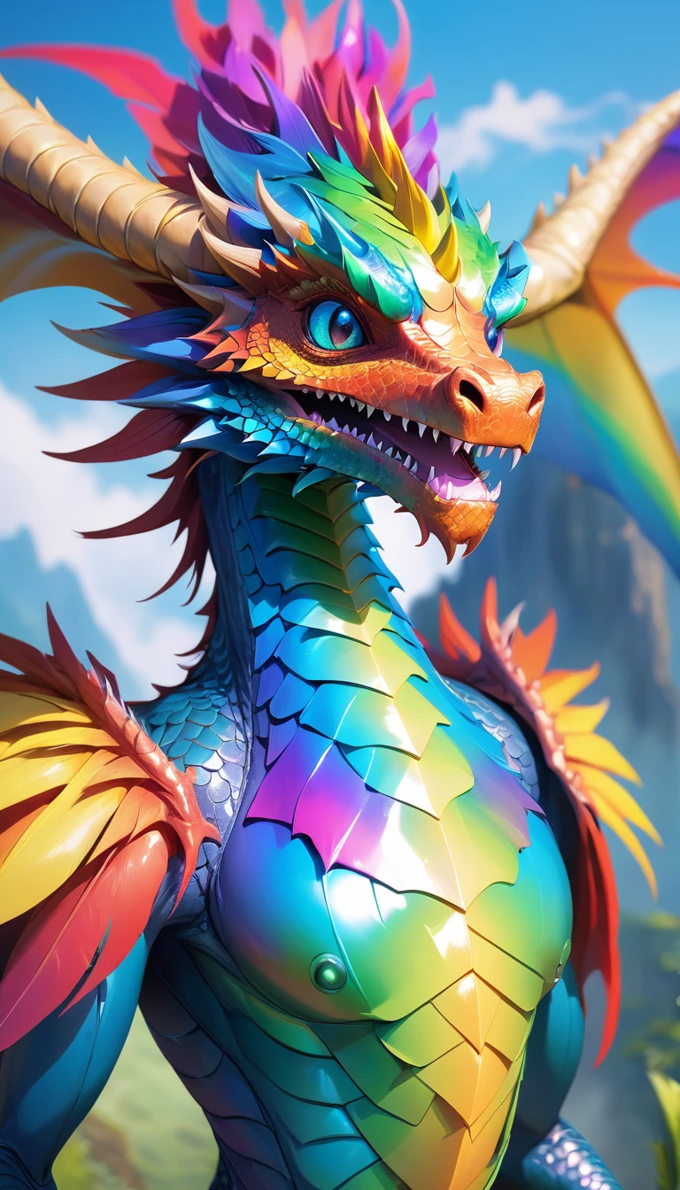 Fantasy、Fantasy、(whole body, detailed), ((Portrait of a dragon with colorful feathers:1.5)), photoRealistic, masterpiece: 1.2), (Highest quality, High resolution, 8K), (Realistic: 1.37), faint smoke, ultra detailed , Sharp focus, Bright Eyes, Scale and Texture, mysterious, Calm, Beautiful Landscape, Soft lighting, Vibrant colors, Rainbow and sunshine shining.16K, 超High resolution, Shining in rainbow colors、to be born,wonderful ,future、Iridescent、The world 30 years from now。