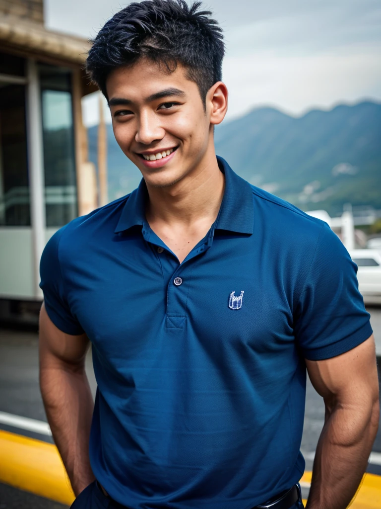 (best quality, 4K, 8K, high resolution, Masterpiece: 1.2), Special details, (realistically, As realistic as a photo, photo realistic: 1.37), Edge lighting, Extra detailed coloring, sharp focus, Physical rendering ,Extremely detailed description,professional,light color,Bokeh,Portrait,look at the viewer,
Young Asian man, 20 years old ,(Wear a dark blue polo shirt.), smile