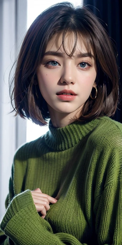 Girl, brown hair, bob haircut, with bangs, purple snow jacket with green sweater inside, hands crossed, slightly serious expression, big eyes,  white gloves, blue eyes,professional, cinema, studio