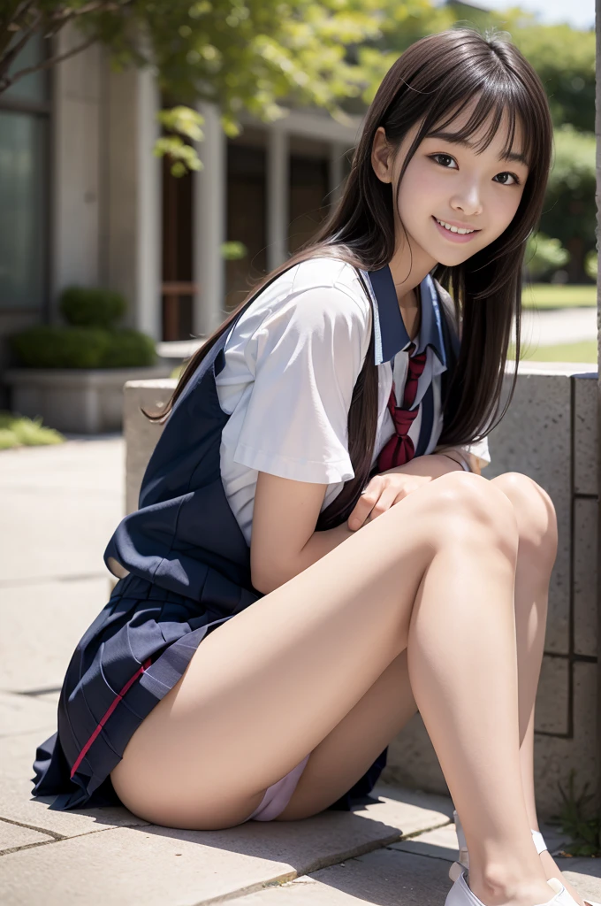 Pure Japanese school girl, outstanding body, beautiful legs, wearing summer uniform, panty, natural hairstyles, sweet smile, sexual attractive, sitting, refreshing in early summer,