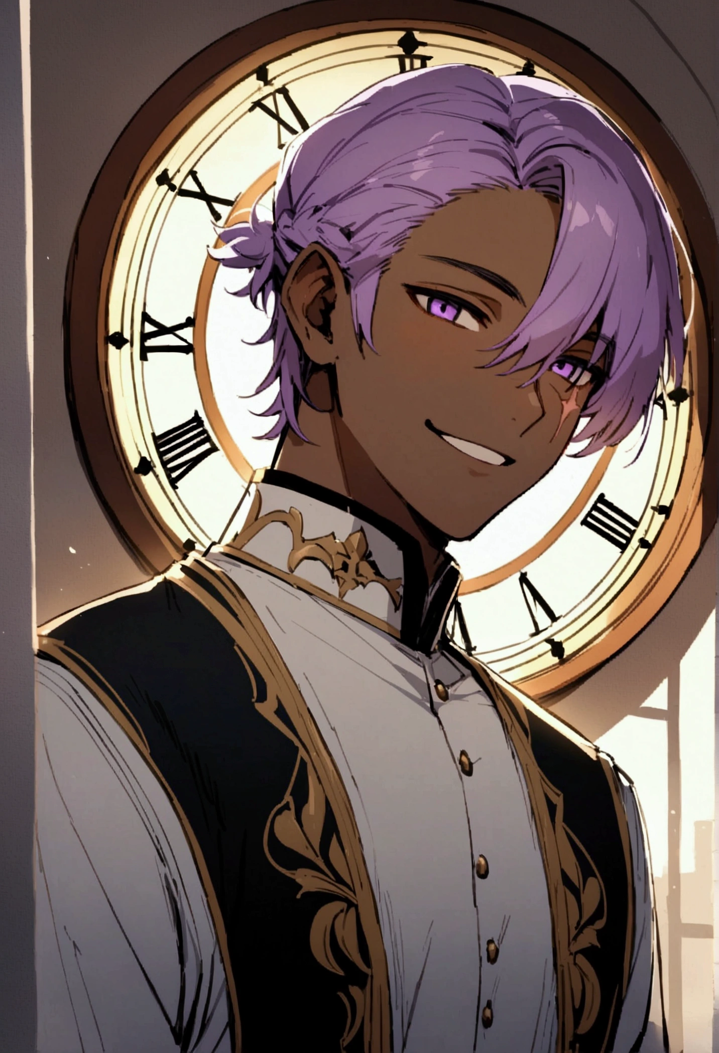 Beautiful youth,One Man,27 years old,Brown Skin,Light purple hair,Purple eyes,Upper Body,Simple hairstyles,masculine body,smile,Standing on top of the clock tower,Light shines in,Half of the face is in the light,Shadow on half of face,Right cheek scar.爽やかなsmile