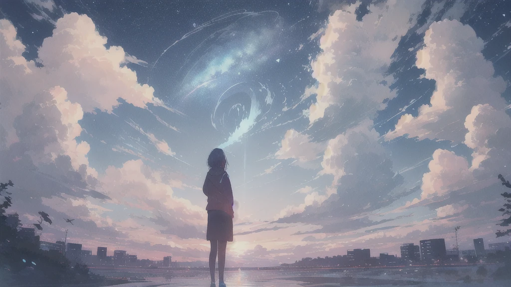 真っ暗なnight空,Octane, star (null), scenery, Blue parakeet,The acoustic guitar is in front of the body.,star, night, man, Back view, Outdoor, city,river,Blue parakeet,building, cloud, 天のriver,silhouette