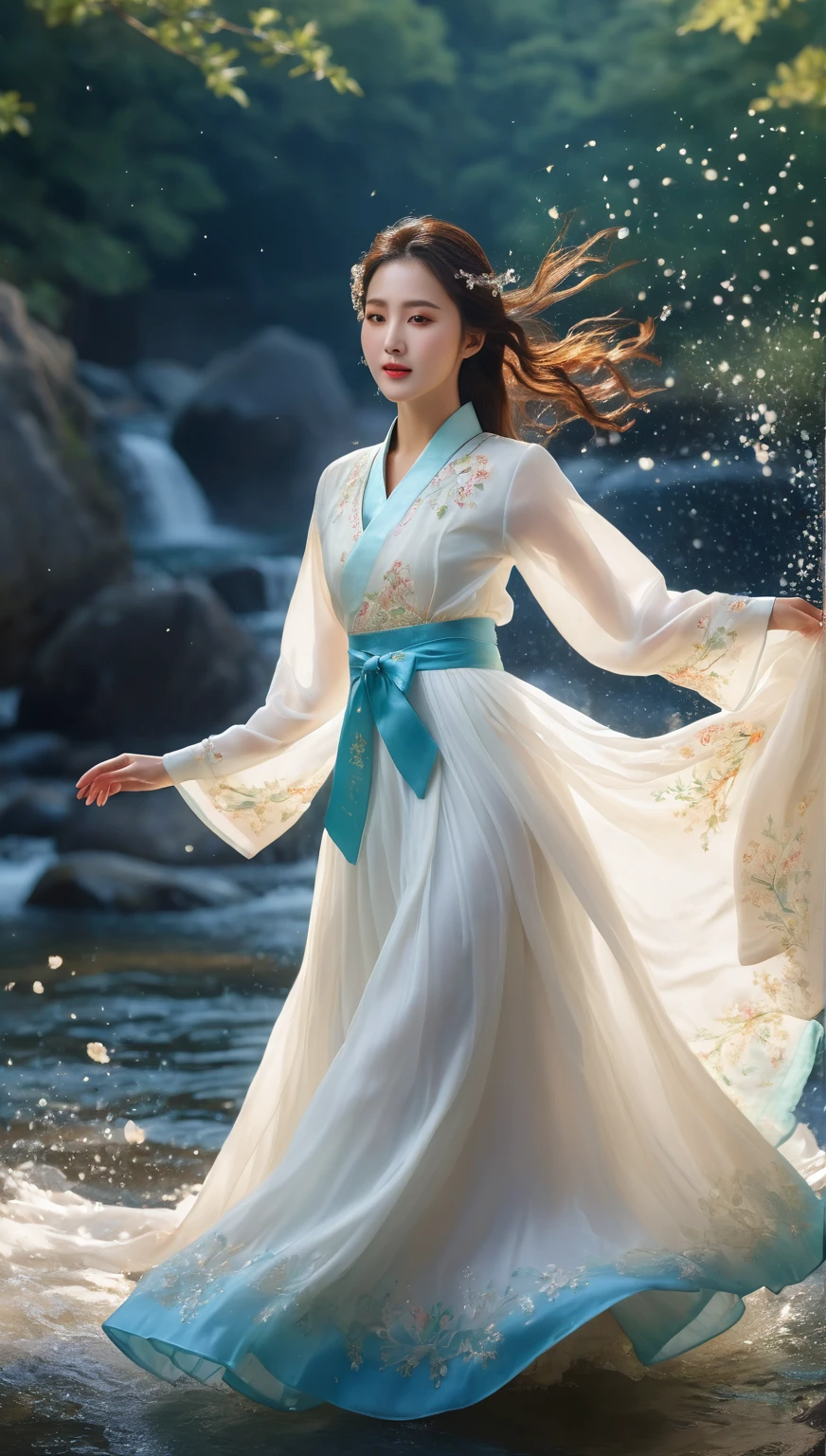 beautiful Korean woman, (((Mikamaria))), intricate pure white hanbok dress, spinning frantically, translucent stinging air particles on the hem of the dress ,Flying in the air like a Chinese movie, (extremely detailed CG unity 8k wallpaper,masterpiece, best quality, ultra-detailed),(incredible lighting, dynamic camera angle),blue water splashing,stream, flowing water,watercolor, 70's retro filter, high-detail skin: 1.2) , 8K ultra-hd, DSLR, high quality, high resolution, 8K