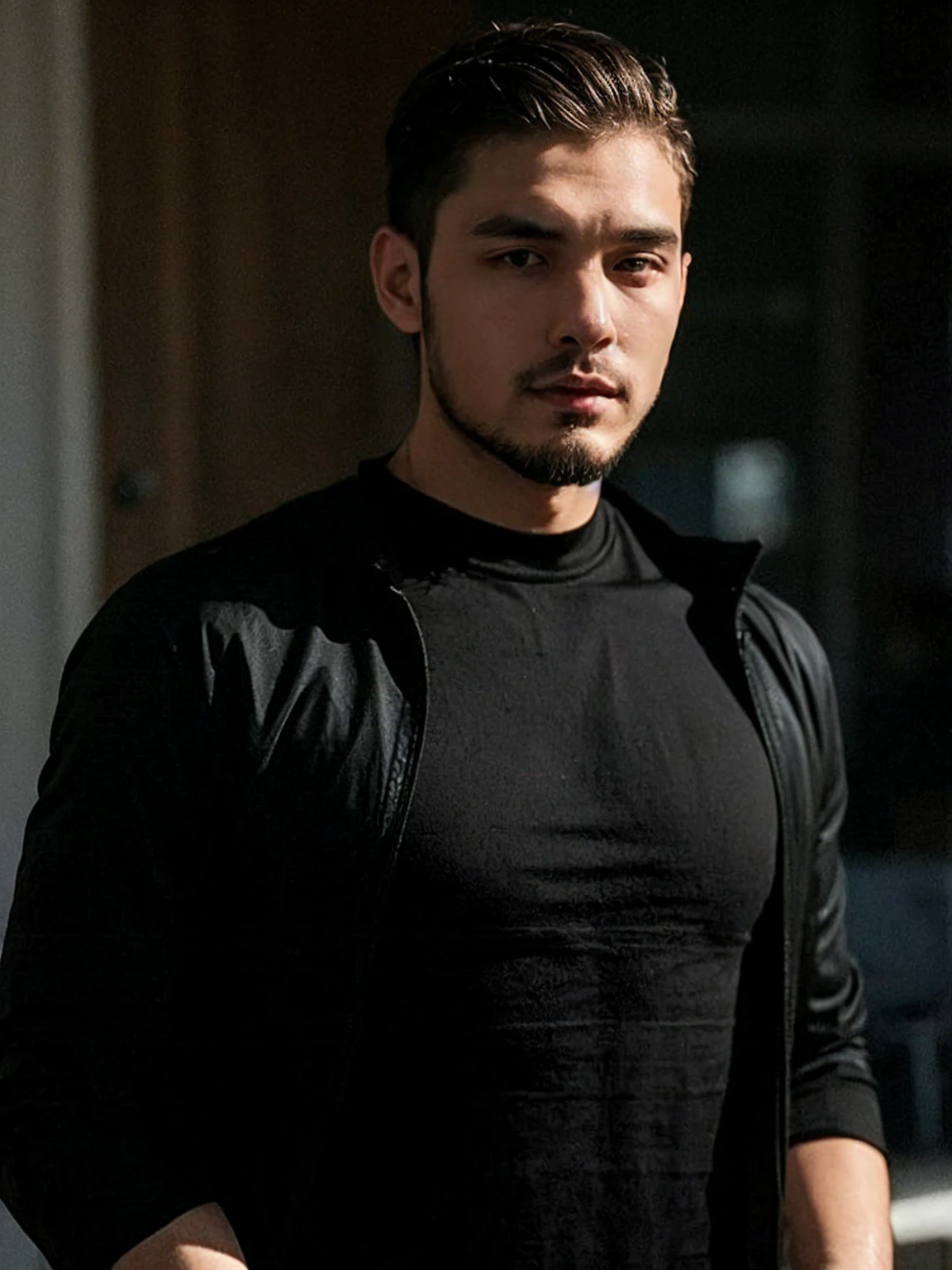 ((best qualityer)), ((realistic shoulders)), (detailded), 1 young 26-year-old man in an extremely dark room with poor lighting, He has a trimmed beard and short hair back and little muscle., dressed in dark clothes , dark shirt and jacket without showing the belly